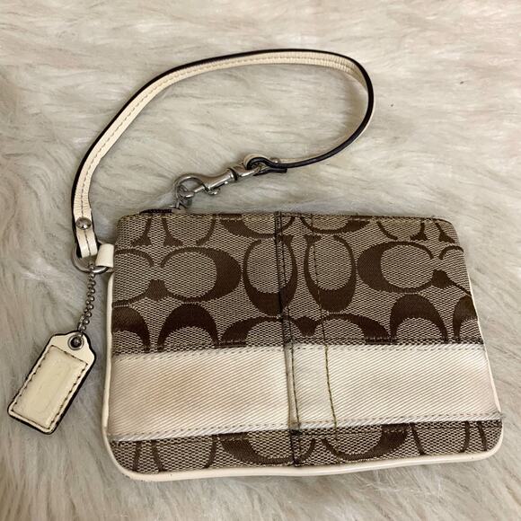 COACH Small Vintage Khaki/White SIS Signature Stripe Wristlet F45608 - Picture 4 of 11